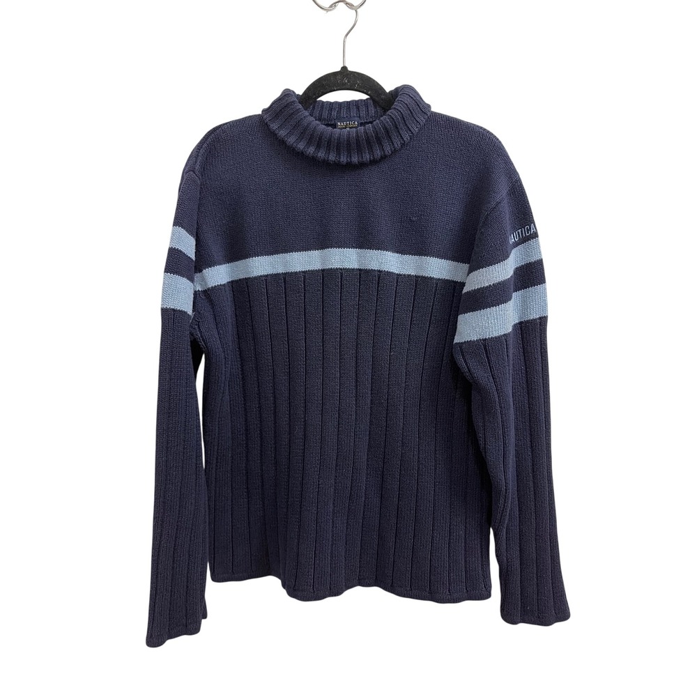 Sweater Mock Neck Gorpcore Nautica Mens Large Navy Blue Striped Ribbed Knit